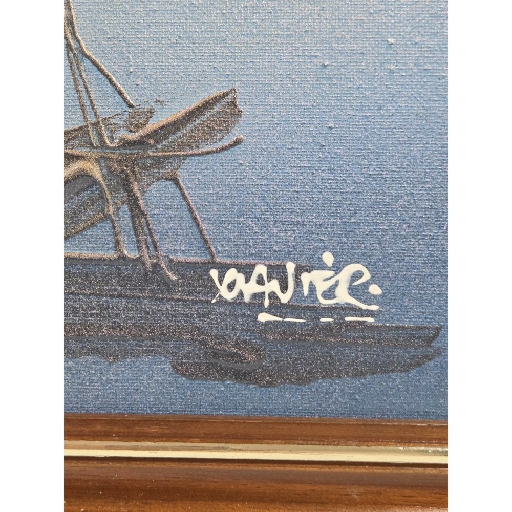 Vintage Signed Drip Oil Painting Of Ships In Harbor Framed - Picture 3 of 9